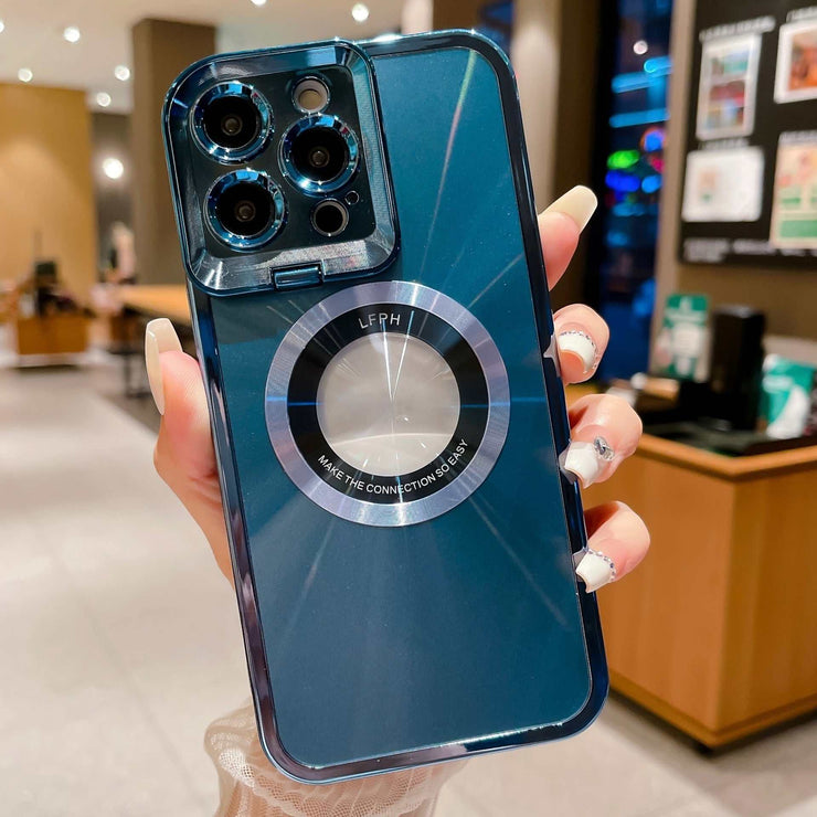 Luxury electroplated phone case with CD pattern, magsafe, and camera stand for iPhone 12, 13, 14 Pro Max.