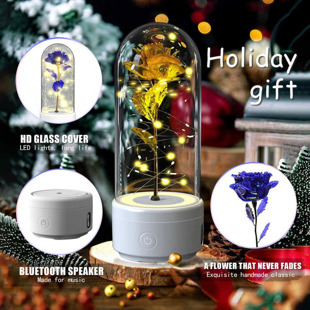 Creative 2-in-1 rose LED light and Bluetooth-compatible speaker in a glass cover, perfect Valentine's Day luminous night light ornament for romantic settings.