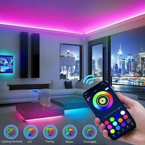 5050 RGB LED Strip with Bluetooth control illuminating a modern living room, showcasing customizable lighting options via smartphone app.