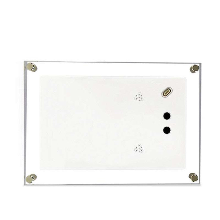 Digital picture frame with white acrylic border, suitable for video and photo display.