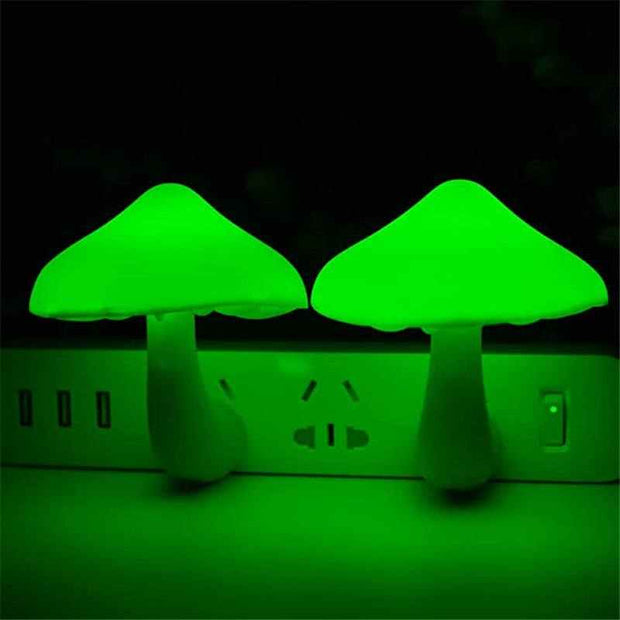 Mushroom-shaped LED night light with EU US plug, warm white, light-control sensor.