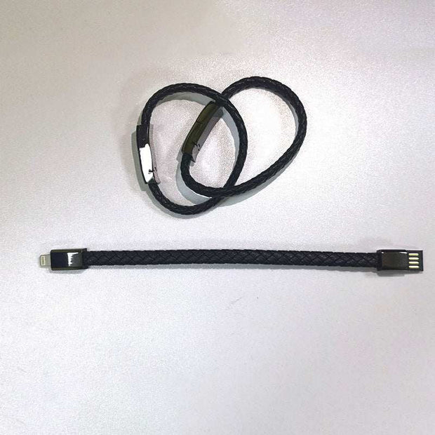 Leather bracelet charger USB data cable for iPhone, showcasing black braided design and zinc alloy connectors.