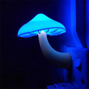 Mushroom LED night light in warm white with EU US wall socket plug, light-control sensor.