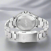 Back view of a stainless steel GMT luminous waterproof men's watch with sapphire glass and double press button clasp