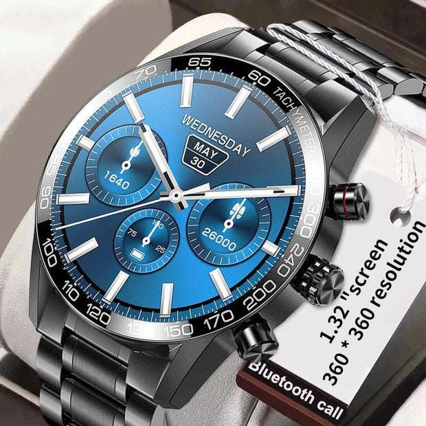 Men's Bluetooth Smart Phone Watch with blue dial, 1.3-inch LED screen, stainless steel strap, and multiple smart health functions.