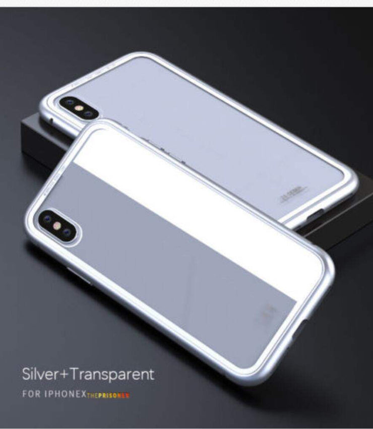 Silver transparent magnetic tempered glass phone case for iPhone models.