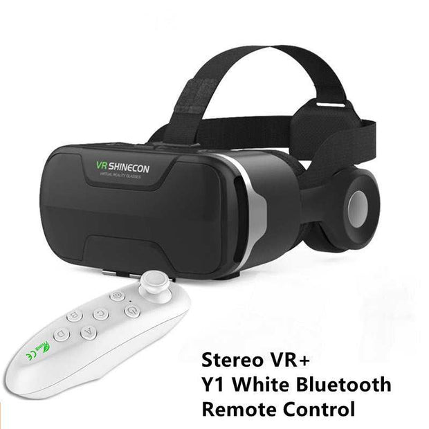 VR glasses headset with detachable earphones and white Bluetooth remote control.