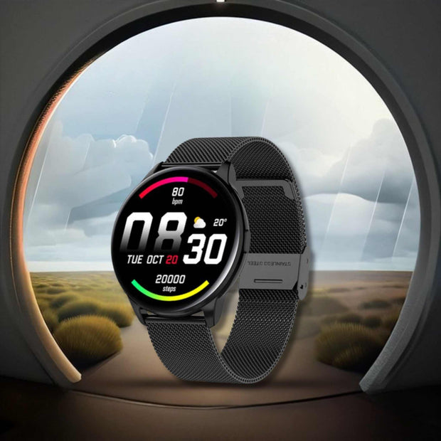 Y90 Smart Watch with black steel strap, displaying time and health stats on a vibrant screen.