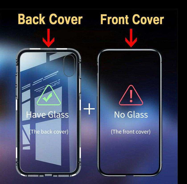 Magnetic tempered glass phone case with glass back cover and transparent front cover.