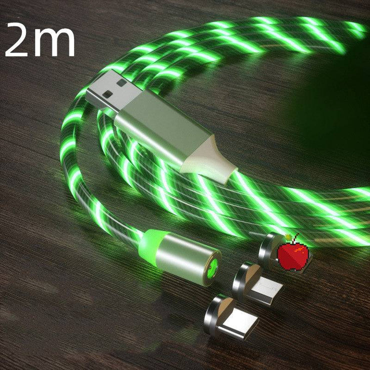 Magnetic LED fast charging cable with green light, Type-C, Micro USB, Lightning compatibility, 2m length.