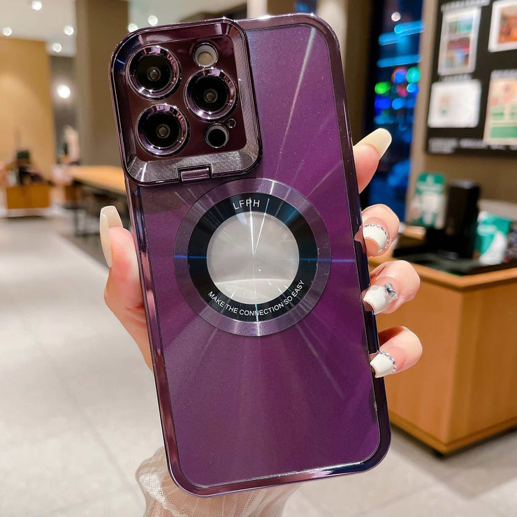 Luxury electroplated phone case with CD pattern, magnetic Magsafe bracket in dark purple for iPhone models.