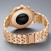 Gold smart watch with Bluetooth calling feature and elegant design for women.