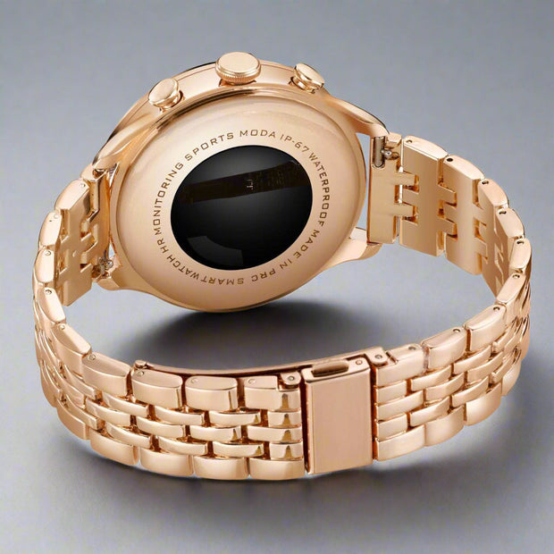Gold smart watch with Bluetooth calling feature and elegant design for women.