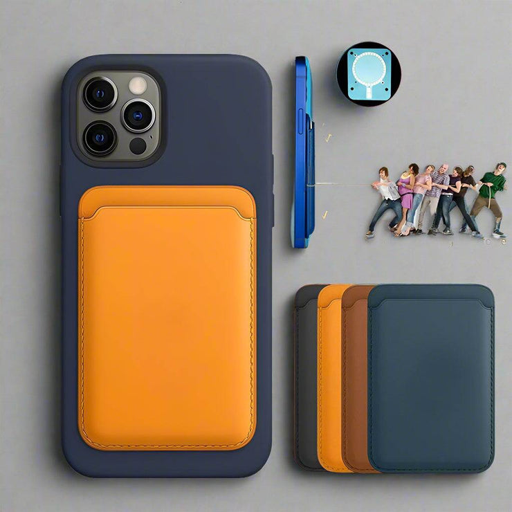 Magsafe magnetic luxury leather card holder wallet case for iPhone 14 Pro Max 13 12, shown in multiple colors with magnetic attachment feature.