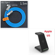 Wireless charging station with Type-C and Lightning cables, black stand for Apple devices.