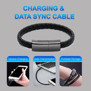 Black braided leather bracelet USB charger with data sync cable feature.