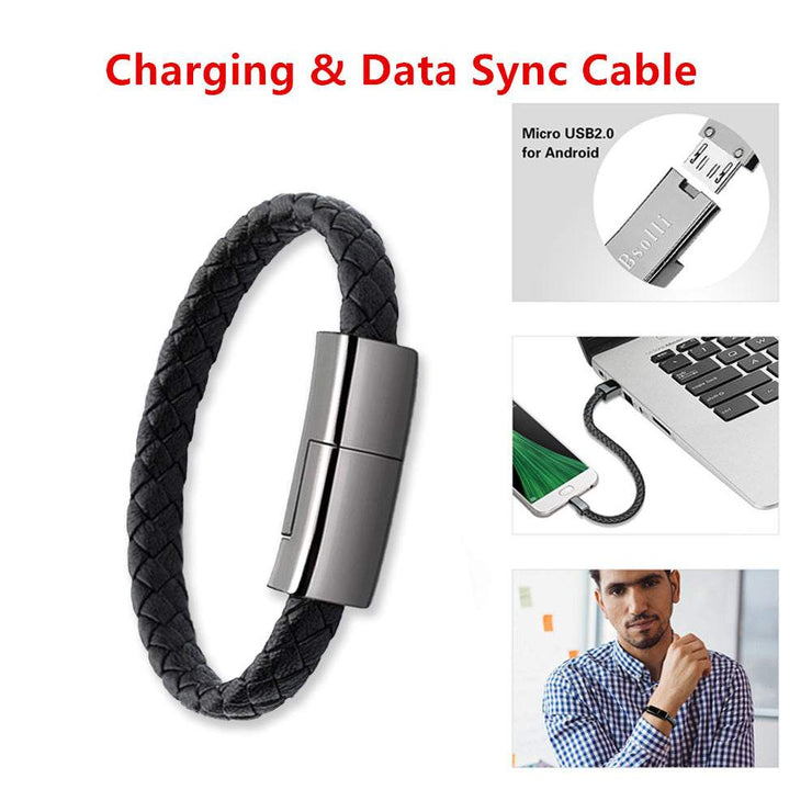 Black braided leather bracelet charger with USB charging cable for iPhone14 and Android.