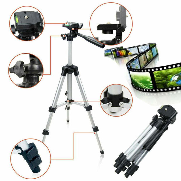 Professional camera tripod stand holder, portable and flexible with 360-degree swivel, compatible with smartphones, silver and black.