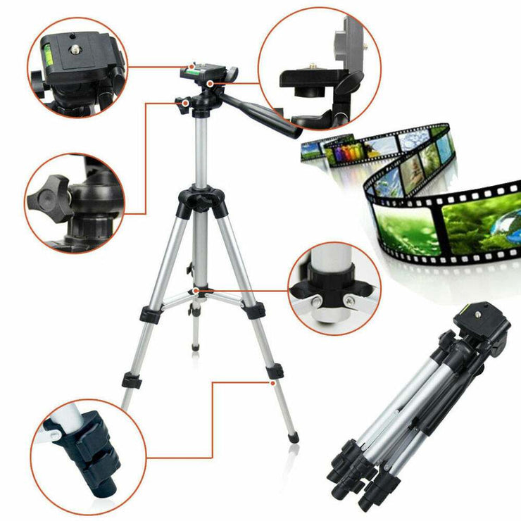 Professional camera tripod stand holder, portable and flexible with 360-degree swivel, compatible with smartphones, silver and black.