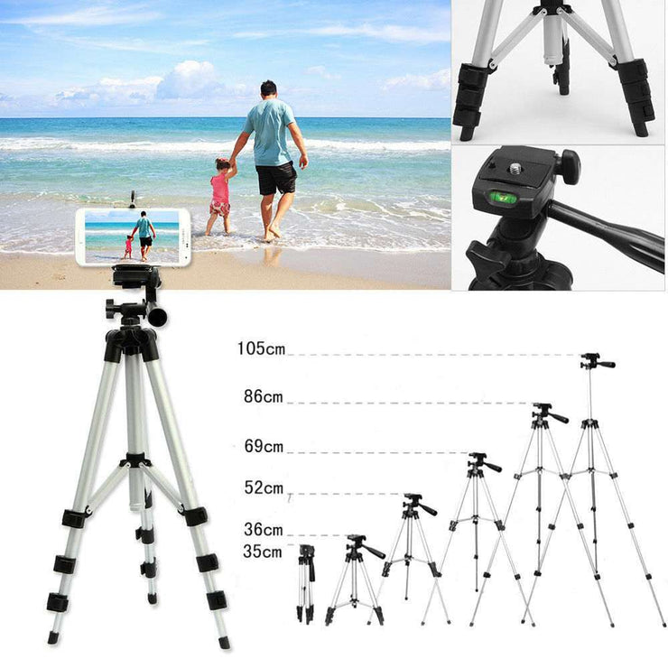 Professional camera tripod stand with phone holder, featuring aluminum legs, swivel head, and bubble level, ideal for travel photography.