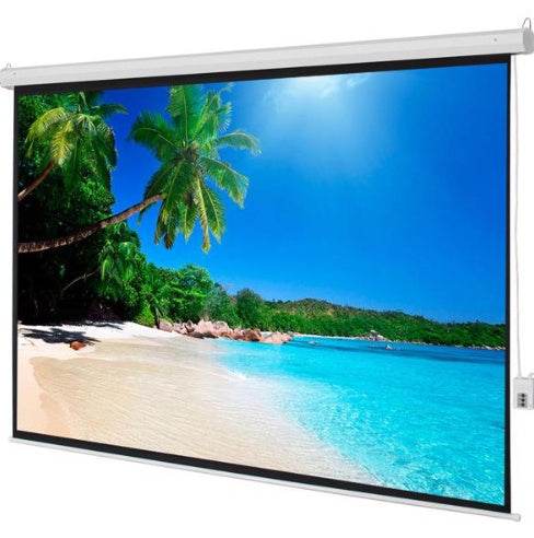 100" motorized projection roll up screen with remote control, ideal for home theaters and presentations, matte white surface, 4:3 aspect ratio.