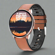 Y90 Smart Watch with brown leather strap, displaying health monitoring features.