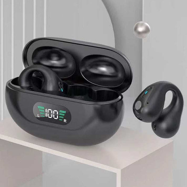 Bone conduction headphones with charging case displaying power levels, Bluetooth 5.3, ear clip design.