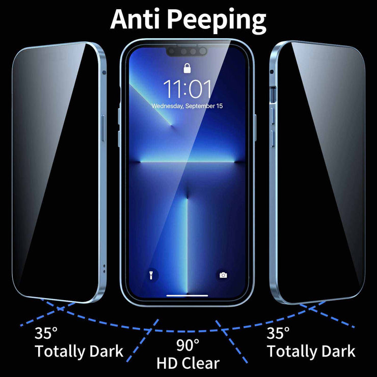 Privacy-proof Magneto Phone Case with anti-peeping technology for Apple models, showing clear and dark side views.