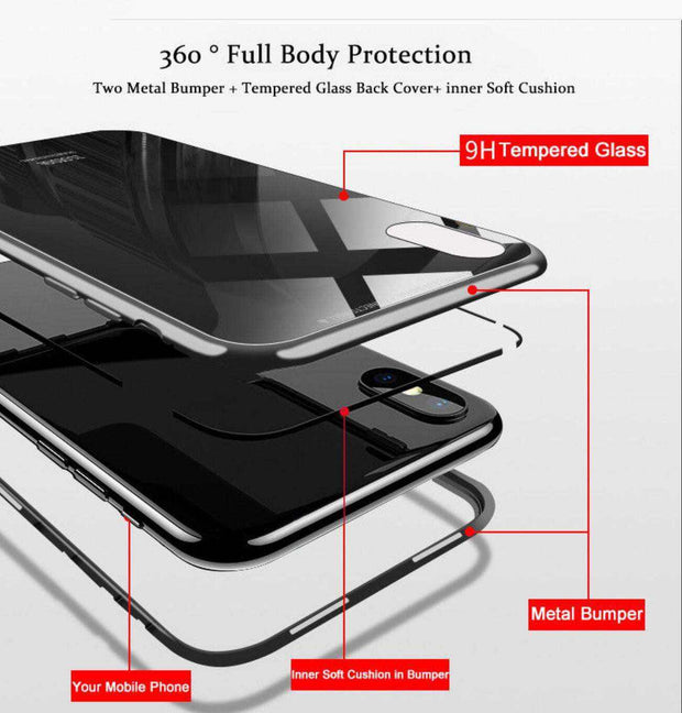 Tempered glass screen protector with metal bumper for iPhone models.