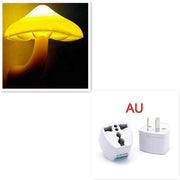 LED night light in mushroom shape with warm yellow glow and EU/US plug compatibility.