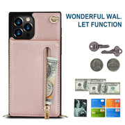 Zipper phone case crossbody in rose gold with wallet function and keyholder, compatible with Samsung models.