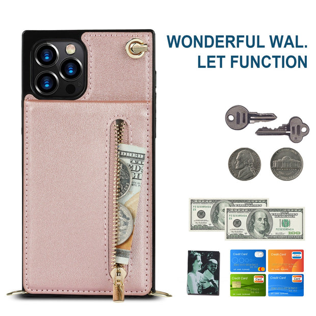 Zipper phone case crossbody in rose gold with wallet function and keyholder, compatible with Samsung models.