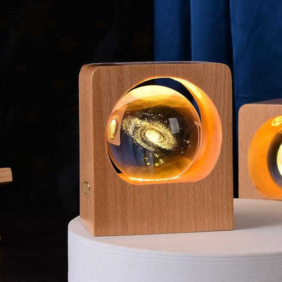 Beech wood LED lamp with 3D laser engraved crystal ball, featuring elk and jellyfish design.