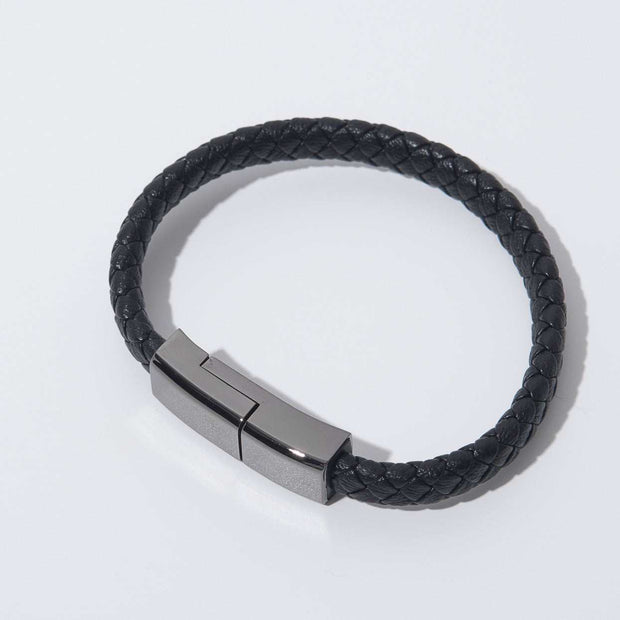 Black braided leather bracelet charger with zinc alloy connector, wearable USB cable for iPhone 14, 13, USB-C, micro USB.