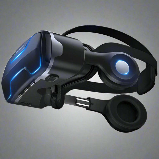 VR Glasses Thousand Magic Lens with Bluetooth remote, head-mounted design, and detachable earphones.