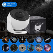 Galaxy Night Light Projector with 12 film discs for starry sky effects.