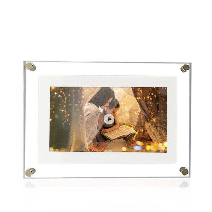 Acrylic digital picture frame displaying a video, perfect for HD photo and video playback, with Type-C connectivity and built-in battery.