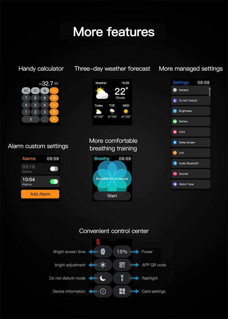 Features of the Smart Waterproof Watch, including calculator, weather forecast, breathing training, and control center.