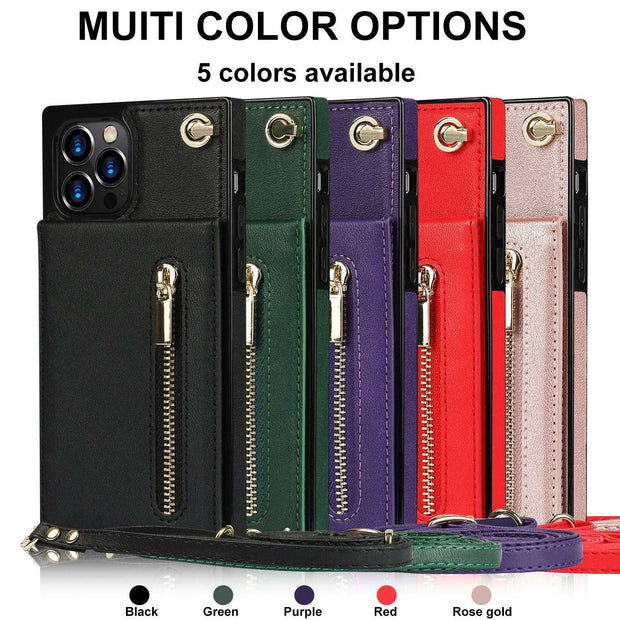 Crossbody zipper phone case available in black, green, purple, red, and rose gold for Samsung models.