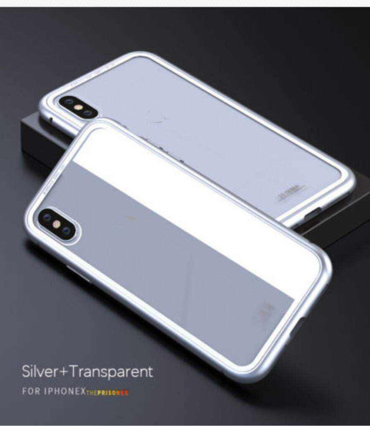 Silver and transparent magnetic tempered glass phone case for iPhone models.