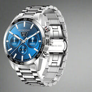 Men's Bluetooth smartphone watch with silver band, blue LED display, and additional black wrist strap.