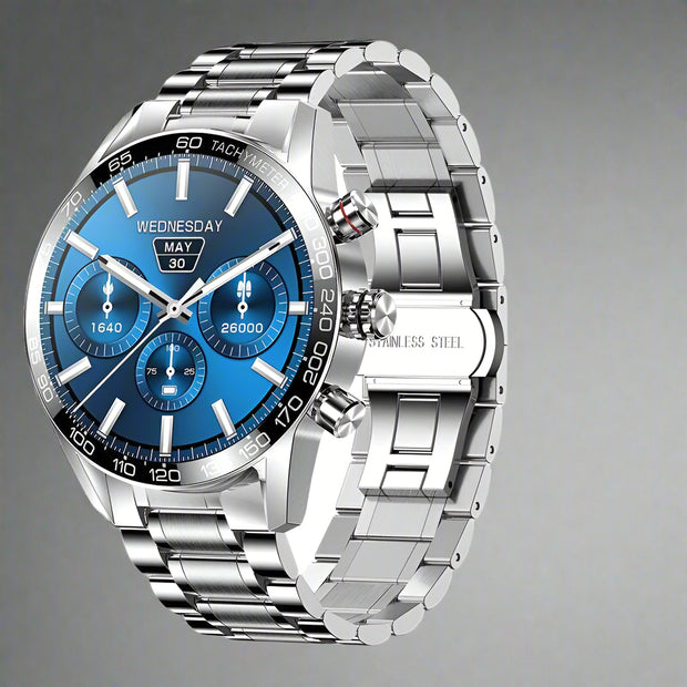Men's Bluetooth smartphone watch with silver band, blue LED display, and additional black wrist strap.