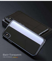 Black and transparent magnetic tempered glass shell screen protector for iPhone models.