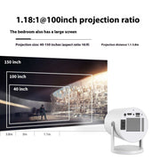 Small straight projector with 180-degree projection angle and automatic focus, showcasing 1.18:1 at 100-inch projection ratio and adjustable screen sizes.