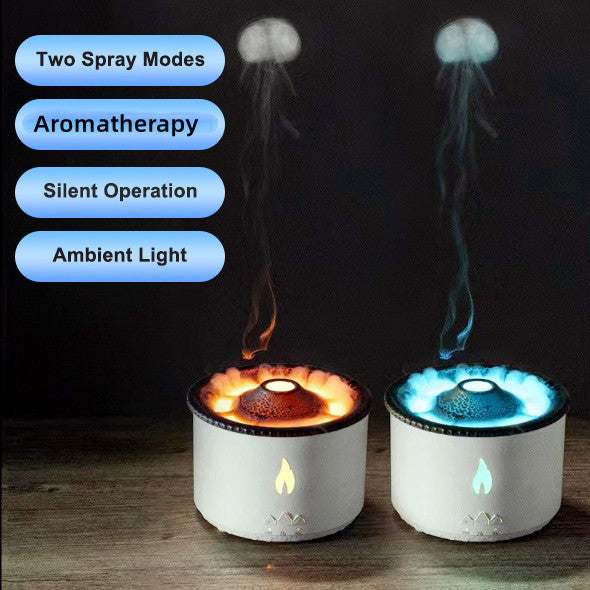 Creative Ultrasonic Essential Oil Diffuser with Volcano Flame and Jellyfish Mist Effect, featuring aromatherapy, silent operation, and ambient light.