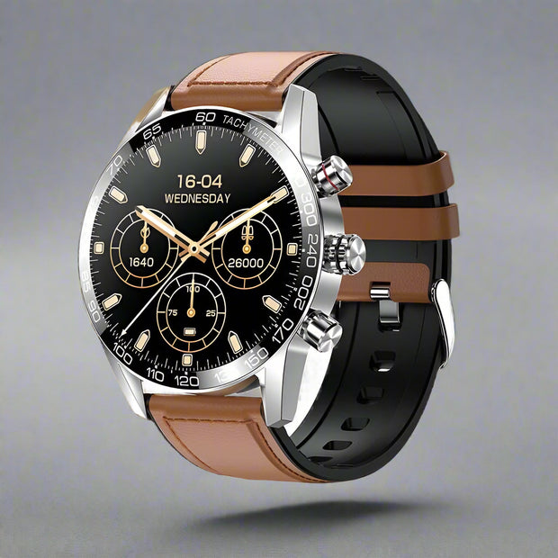 Men's Bluetooth Smart Phone Watch with leather wrist strap and 1.3-inch LED screen displaying time and health metrics, featuring waterproof and Bluetooth call functions.