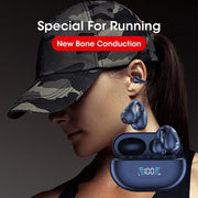 Bone conduction headphones for running with Bluetooth 5.3, showing ear clip and charging case.
