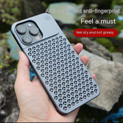 Aluminum alloy shockproof phone case with hollow design for heat dissipation, full-body protection, anti-sweat and anti-fingerprint features.