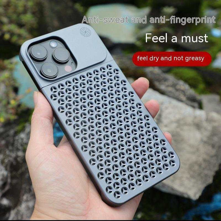 Aluminum alloy shockproof phone case with hollow design for heat dissipation, full-body protection, anti-sweat and anti-fingerprint features.