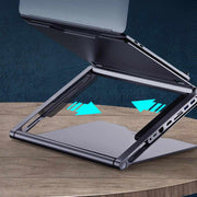 Laptop stand with 8-in-1 docking station in deep space grey, aluminum alloy design.